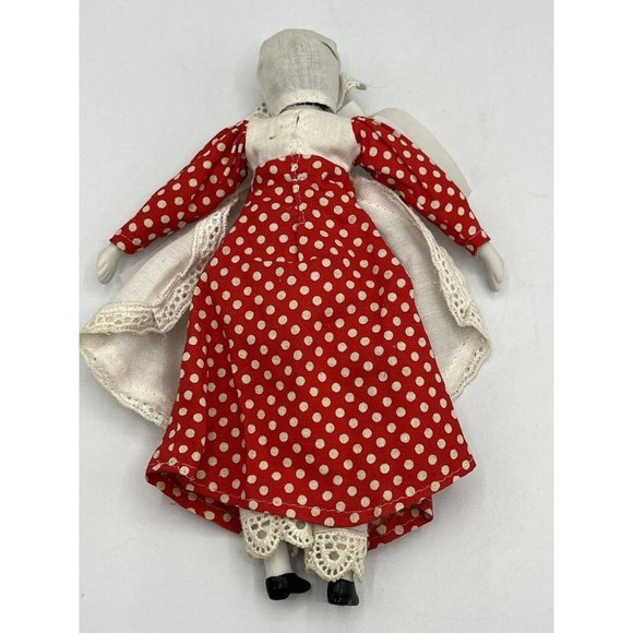Porcelain Victorian Girl Doll Embroidered Red White Polka Dotted Dress Bonnet - Picture 10 of 15